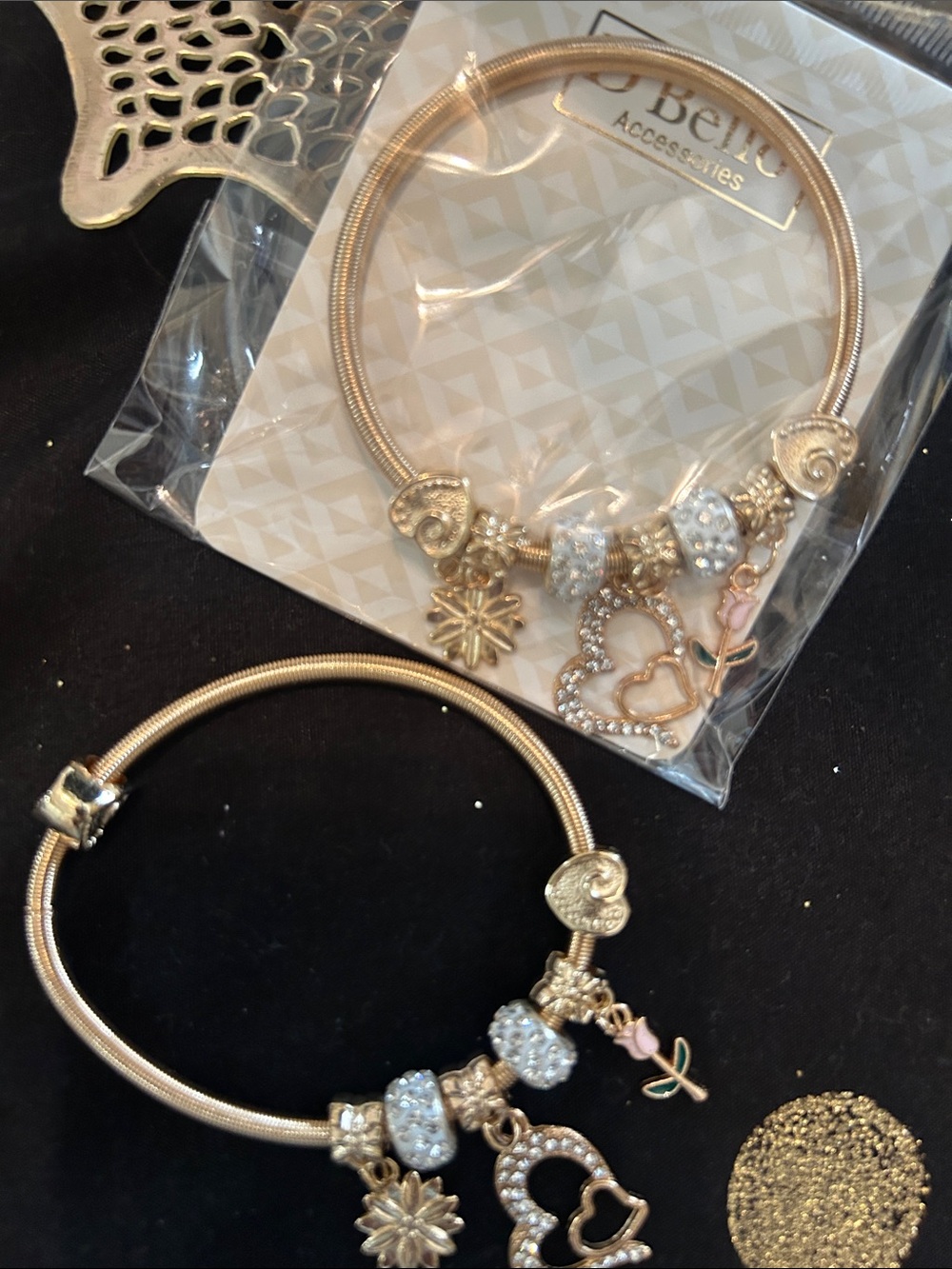 Gold Charm Bracelet with Crystal Hearts and Flower Dangles